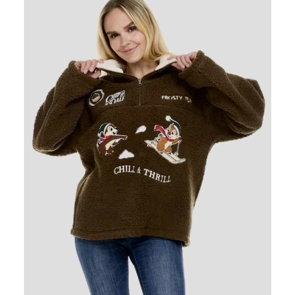 Disney CHIP & DALE Women’s Winter Sherpa Sweater Medium Brown NEW